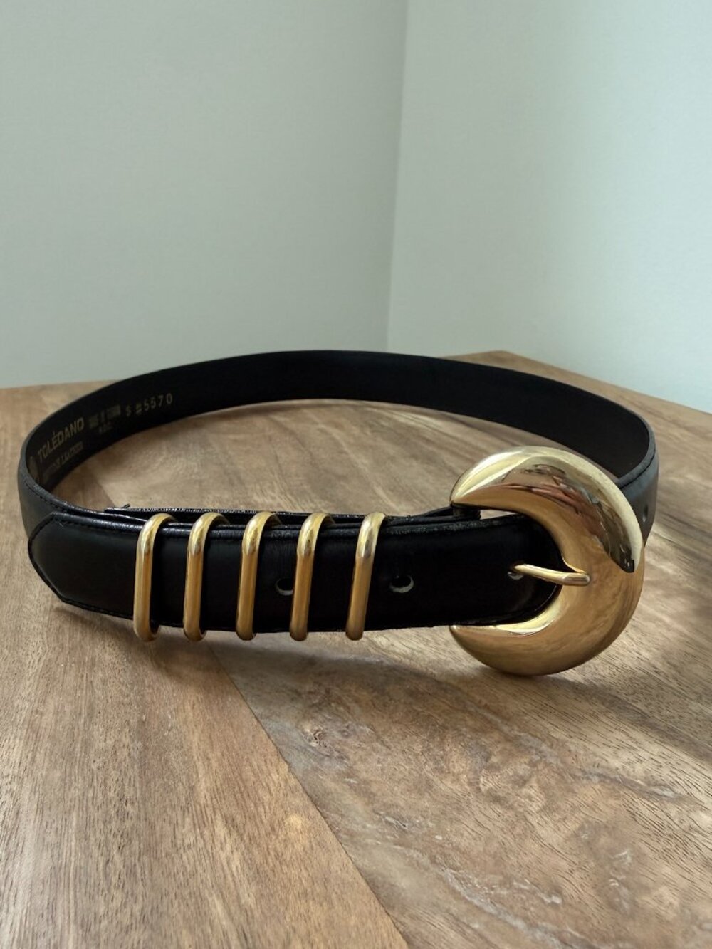 Vintage TOLEDANO Black Genuine Leather Gold Crescent Crescent Moon Buckle